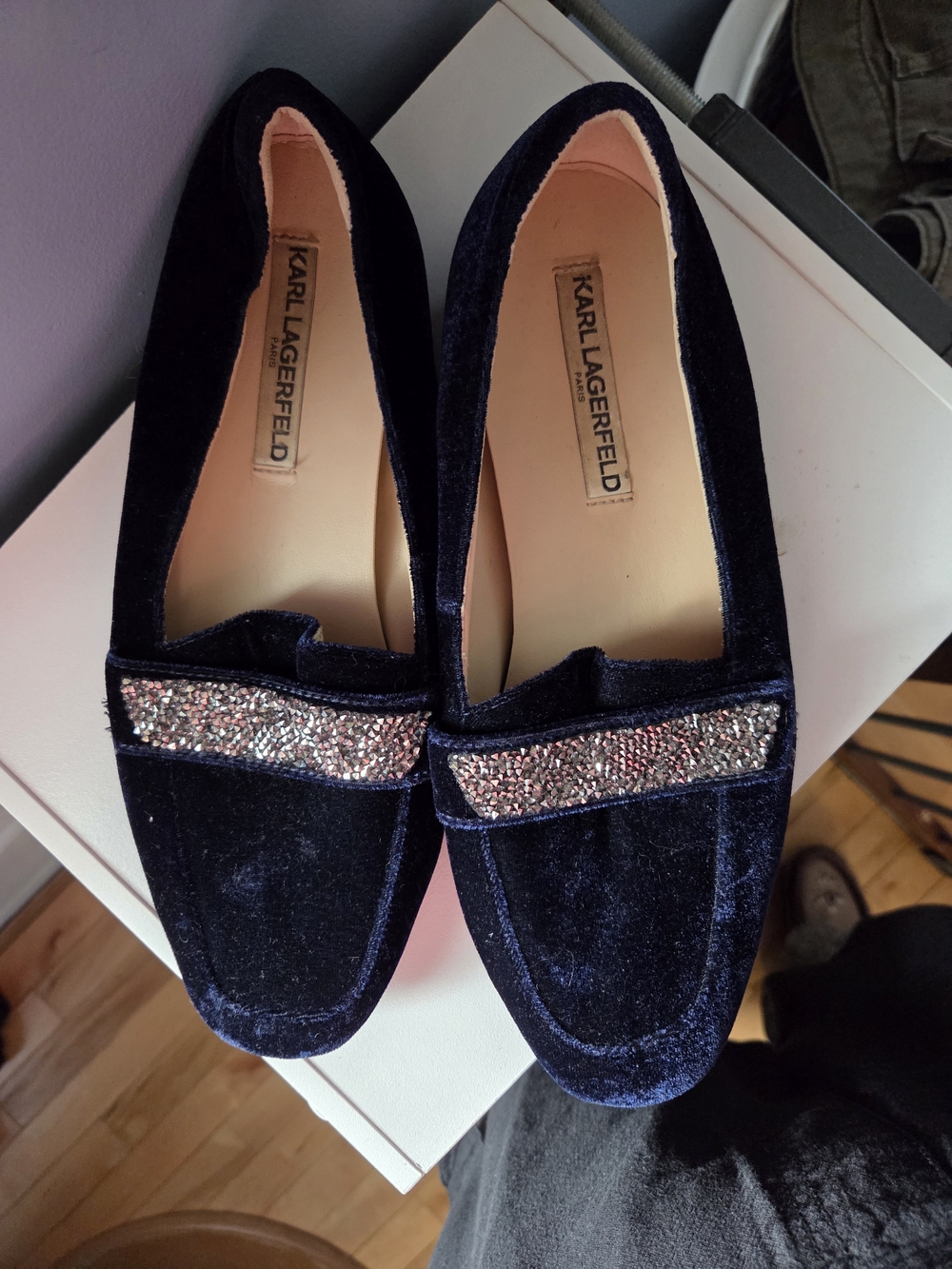 Karl Lagerfeld Navy Velvet Crystal-Trim Loafers - Picture 2 of 4